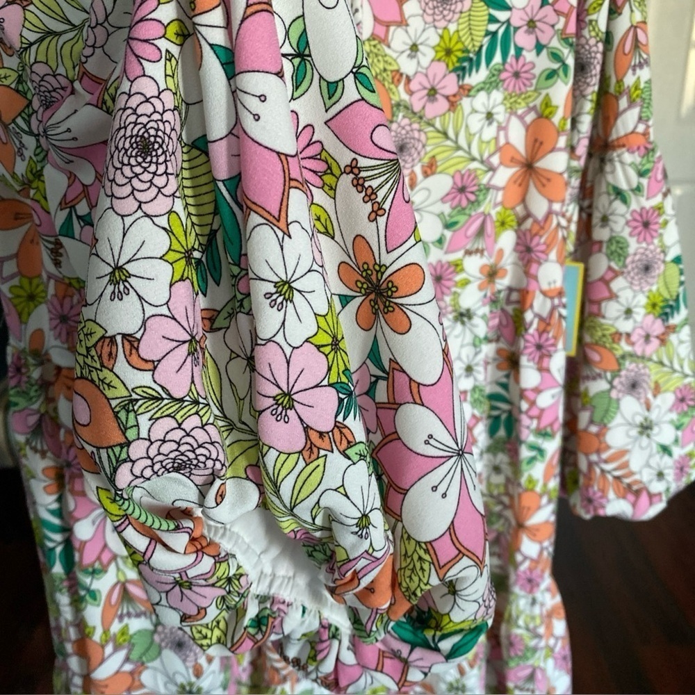 CeCe Floral Printed Lace-Up Tiered Dress S XS Balloon Sleeve Lined boho  W-21 - Picture 6 of 8